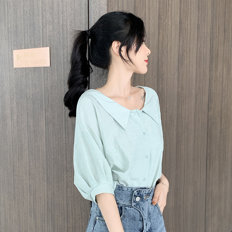 Lantern Sleeve Top Short Sleeve Chiffon Shirt