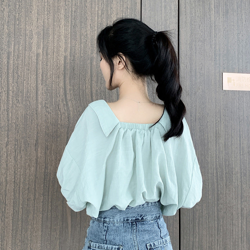 Lantern Sleeve Top Short Sleeve Chiffon Shirt