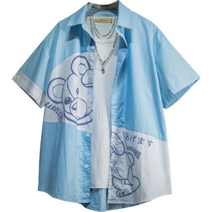 Chaodian Tide marca primavera nueva camisa juvenil con estampado de dibujos animados de manga corta versión coreana de la tendencia de la camisa atractiva chaqueta de los hombres