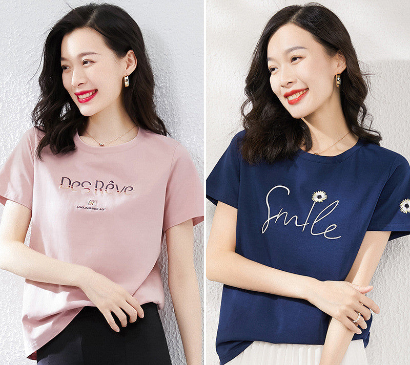 T-Shirt à manches courtes rose en pur coton pour femmes, ample, à demi-manches, nouveau haut d'été Ins Tide