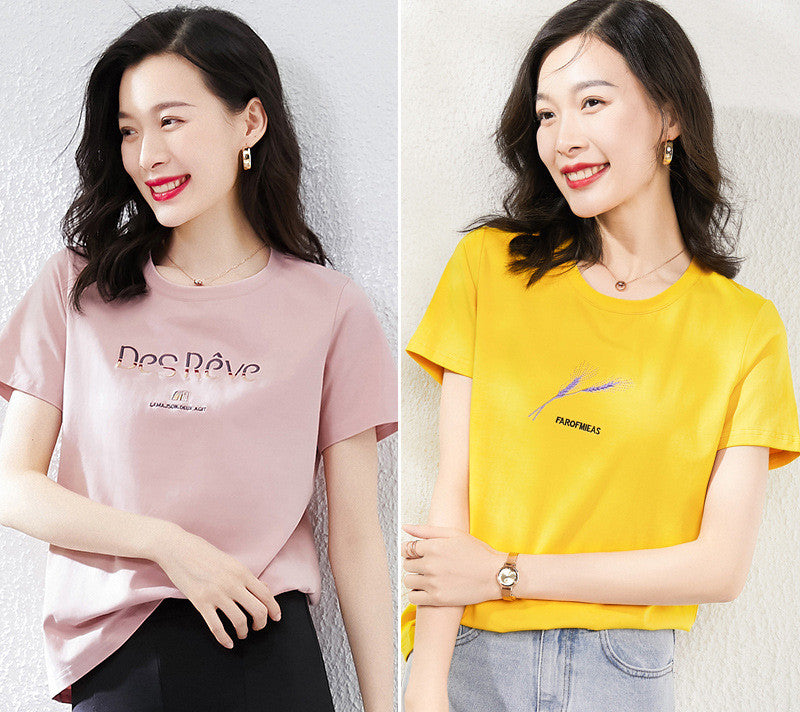 Pure Cotton Pink Short-Sleeved T-Shirt Women's Loose Half-Sleeved T-Shirt Ladies Summer New Top Ins Tide