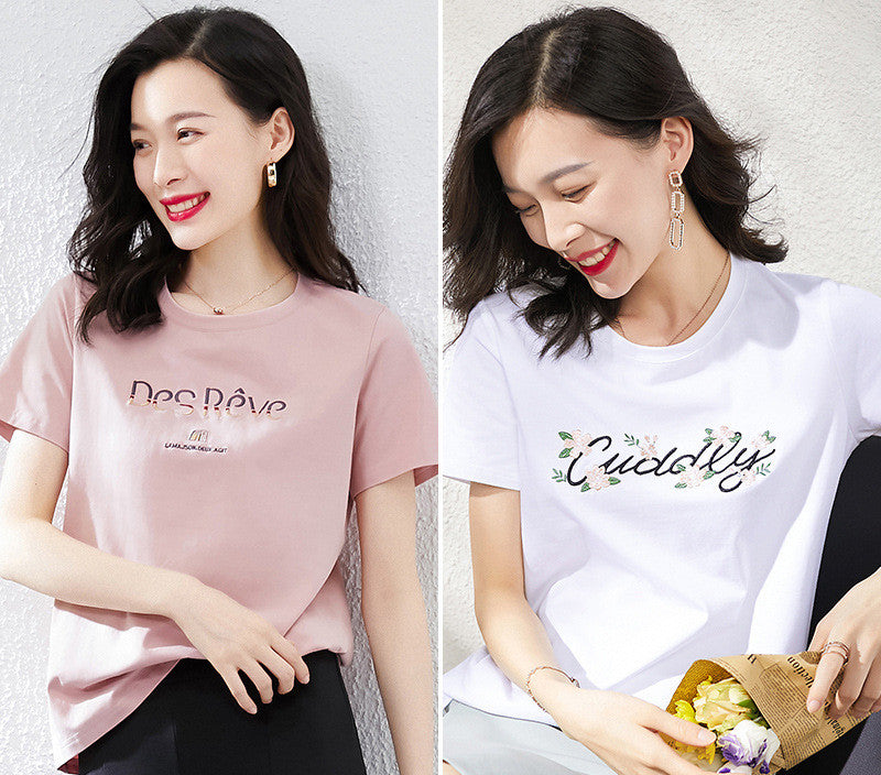 Pure Cotton Pink Short-Sleeved T-Shirt Women's Loose Half-Sleeved T-Shirt Ladies Summer New Top Ins Tide