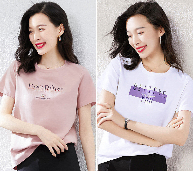 T-Shirt à manches courtes rose en pur coton pour femmes, ample, à demi-manches, nouveau haut d'été Ins Tide