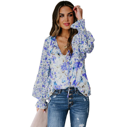 Camisa de manga larga para mujer Camisa holgada con estampado floral de moda para mujer