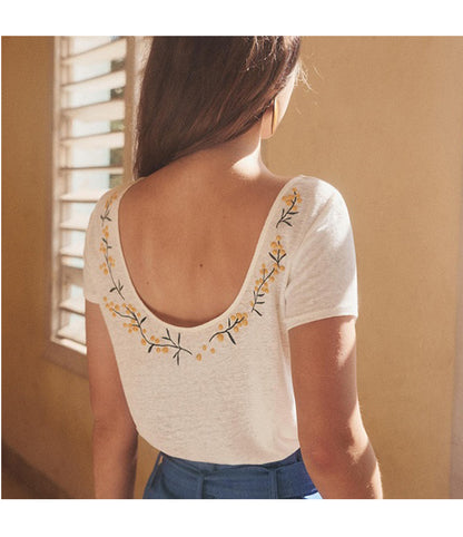 Perspective Imitation Linen French Short-Sleeved Sweater Big Round Neck Open Back T-Shirt Embroidered Blouse Women