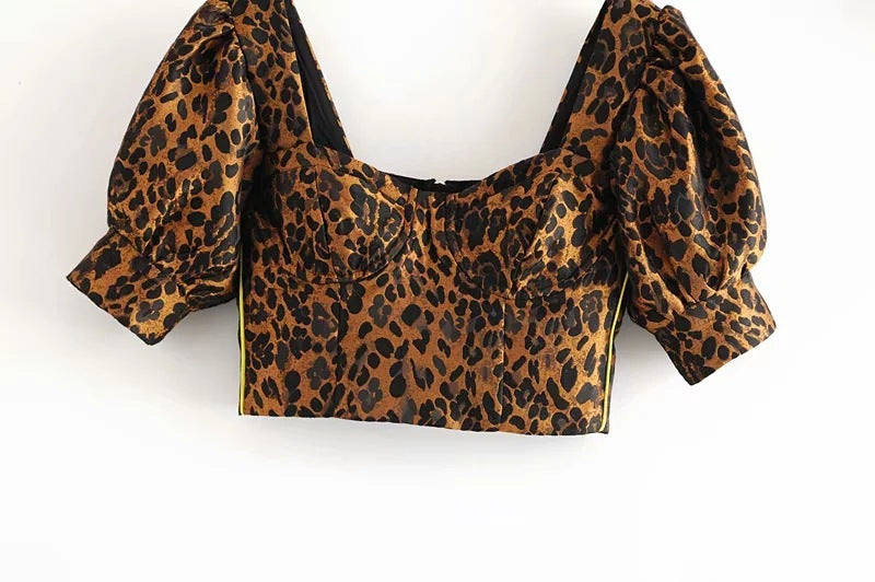 Leopard Print Cropped Top Spring And Summer New European And American Cropped Puff Sleeve Zipper Shirt