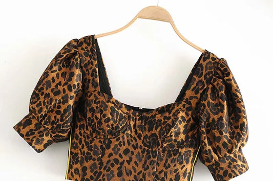 Leopard Print Cropped Top Spring And Summer New European And American Cropped Puff Sleeve Zipper Shirt