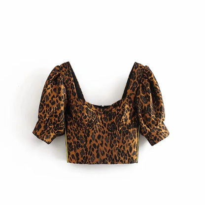 Leopard Print Cropped Top Spring And Summer New European And American Cropped Puff Sleeve Zipper Shirt