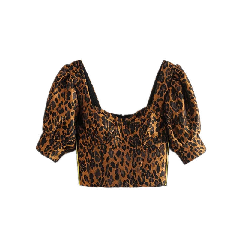 Top corto con estampado de leopardo, camisa con cremallera y manga abombada europea y americana, novedad de verano, primavera y verano