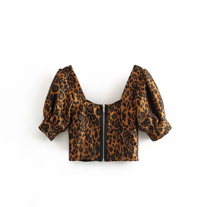 Leopard Print Cropped Top Spring And Summer New European And American Cropped Puff Sleeve Zipper Shirt