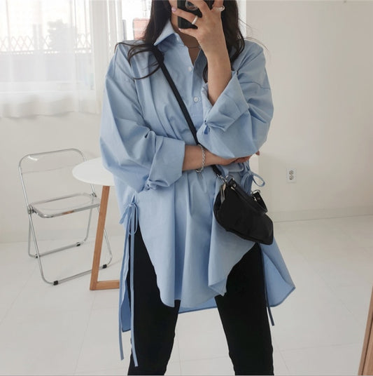 Lace-up Split Large Size Shirt Female Design Sense Niche Retro Hong Kong FlavorLoose Irregular  Spring And Autumn New Arrival