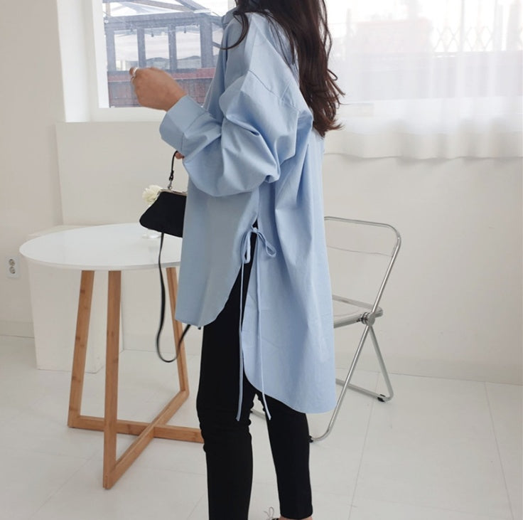 Lace-up Split Large Size Shirt Female Design Sense Niche Retro Hong Kong FlavorLoose Irregular  Spring And Autumn New Arrival