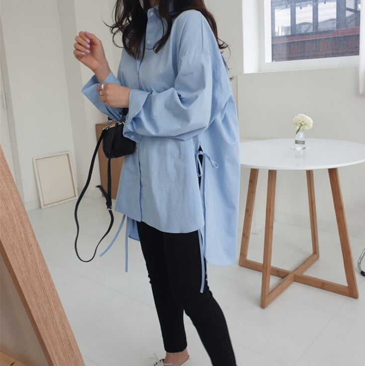 Lace-up Split Large Size Shirt Female Design Sense Niche Retro Hong Kong FlavorLoose Irregular  Spring And Autumn New Arrival