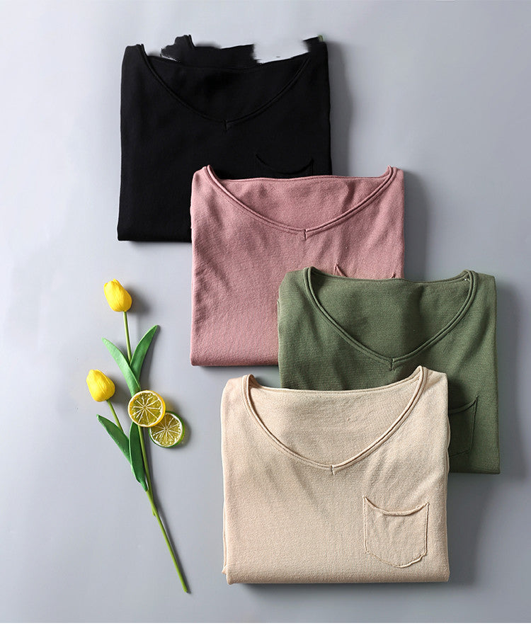 Autumn And Winter New Silk Cotton V-neck Long-Sleeved Bottoming Shirt, Warm Silk Top, Pullover, Slim-Fit T-Shirt, Simple Style