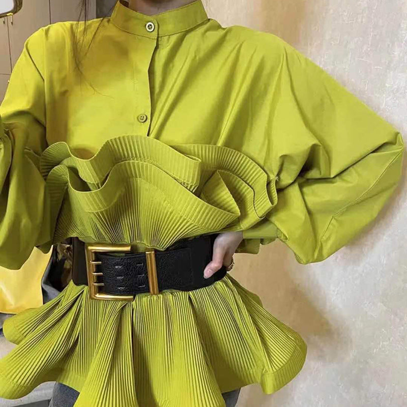 Versión coreana de blusa plisada de encaje con cintura irregular blusa de mujer