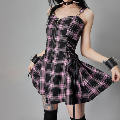 Kh21080 Plaid Drawstring Zipper Dress