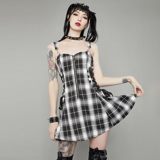 Kh21080 Plaid Drawstring Zipper Dress