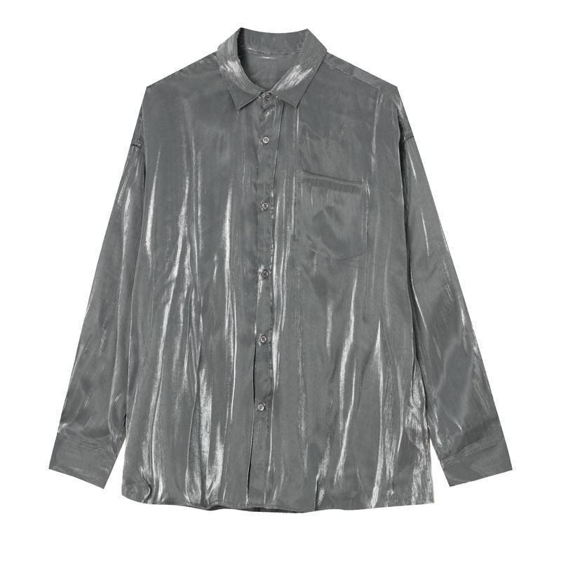 Chemise à Texture brillante chemise en Satin de couleur Pure à manches longues pour hommes