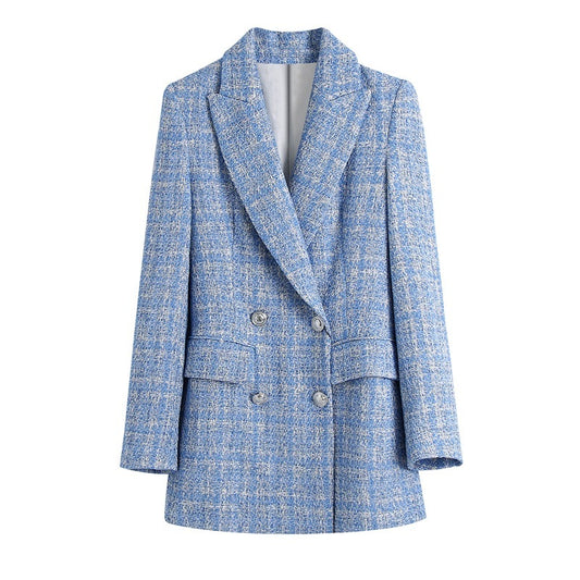 Veste de costume mi-longue à Double boutonnage pour femmes européennes et américaines, nouvelle Texture à carreaux, printemps