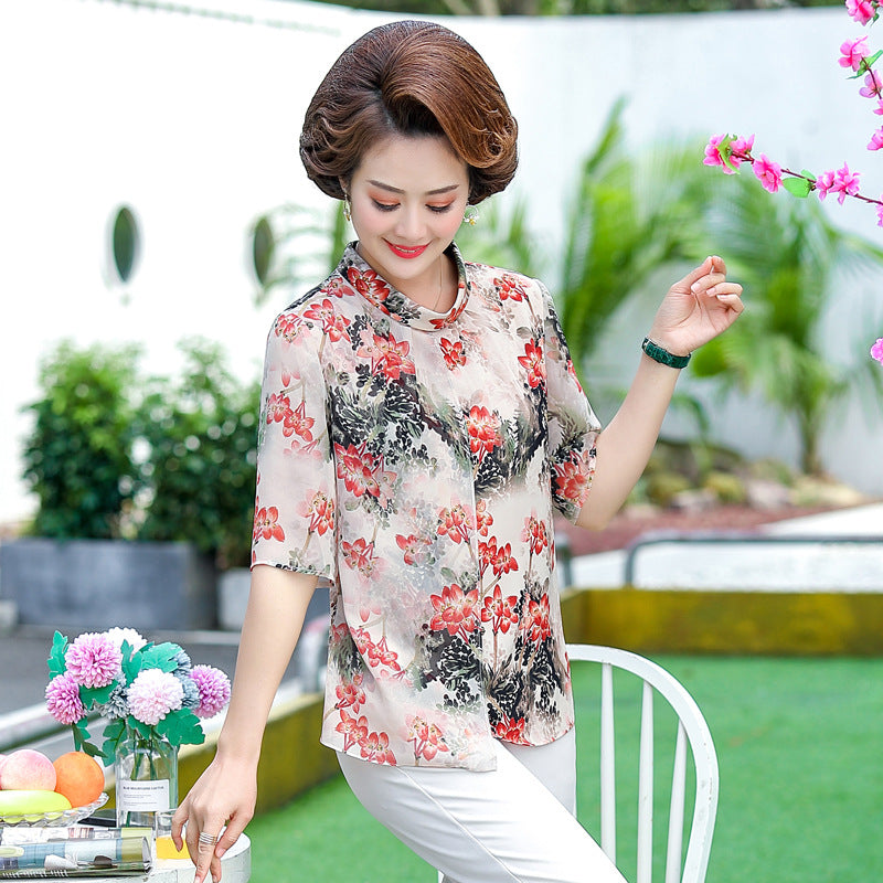 Petite chemise d'été en mousseline de soie à manches courtes pour femmes d'âge moyen et âgées, mode étrangère