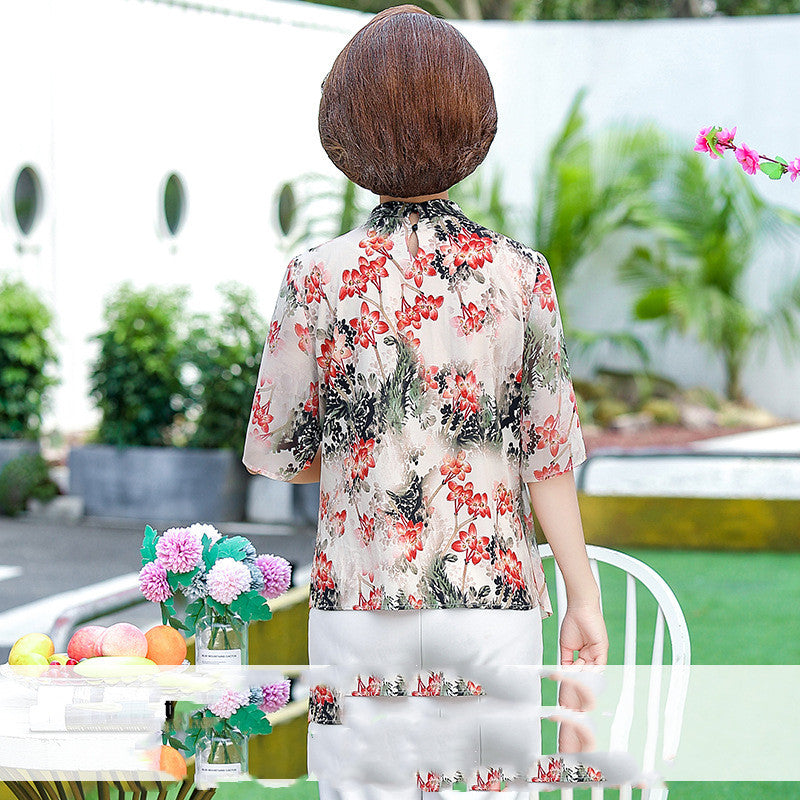 Petite chemise d'été en mousseline de soie à manches courtes pour femmes d'âge moyen et âgées, mode étrangère