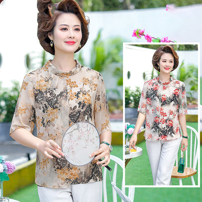 Summer Short-Sleeved Chiffon Small Shirt Middle-Aged And Elderly Women Foreign Fashion