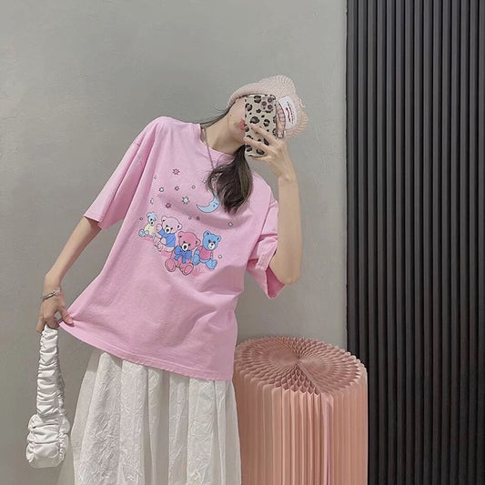 A Drop Hair Korean Style  And Sweet Student Bear Print Short-Sleeved Female T-Shirt