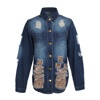 European And American Fashion Leopard Stitching Denim Jacket