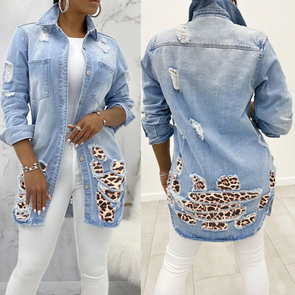 European And American Fashion Leopard Stitching Denim Jacket