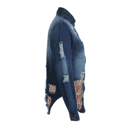 European And American Fashion Leopard Stitching Denim Jacket