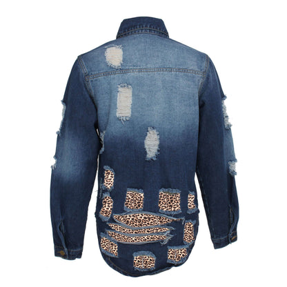 European And American Fashion Leopard Stitching Denim Jacket