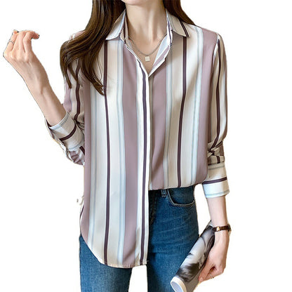 Spring Striped Shirt Female Design Sense Niche Chiffon Shirt Retro Wild Long-Sleeved Shirt Loose Shirt Women