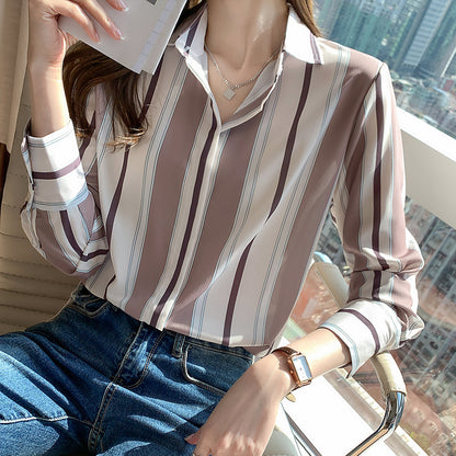 Spring Striped Shirt Female Design Sense Niche Chiffon Shirt Retro Wild Long-Sleeved Shirt Loose Shirt Women