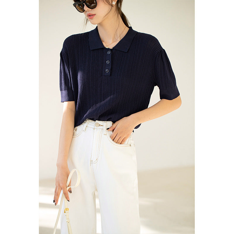 Lapel Short-Sleeved Sweater Women's Spring And Summer New French Temperament Slim Bottoming Polo Shirt