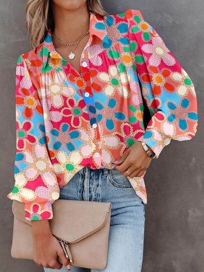 Chemise multicolore à manches bouffantes pour femmes européennes et américaines