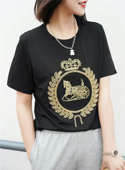 Women's Round Neck Fashion Wheat Ear Carriage Short Sleeved T Shirt Top