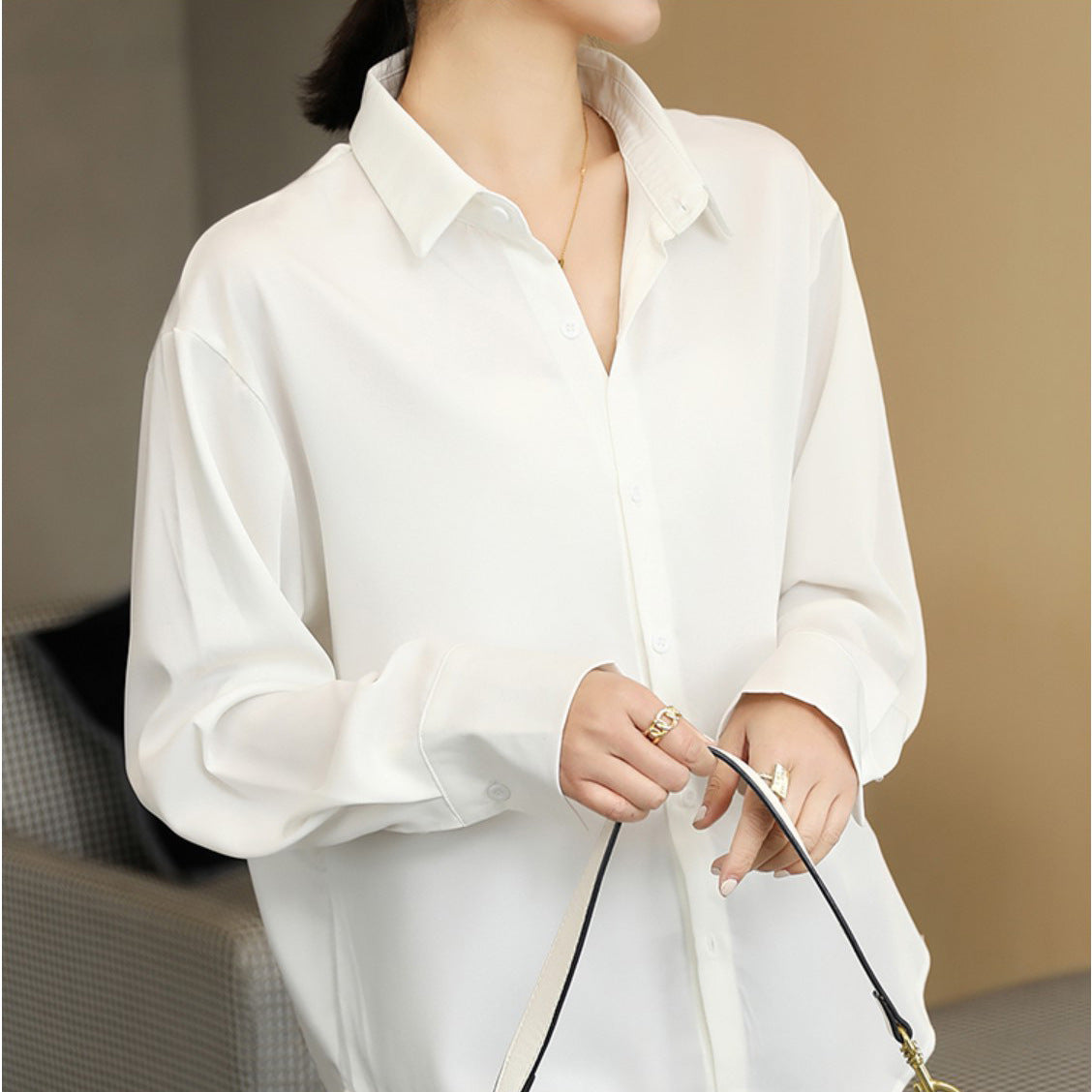 Black Acetate Satin Shirt Female Design Sense Retro Loose Shirt