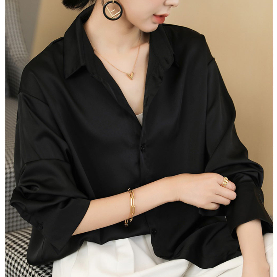 Black Acetate Satin Shirt Female Design Sense Retro Loose Shirt