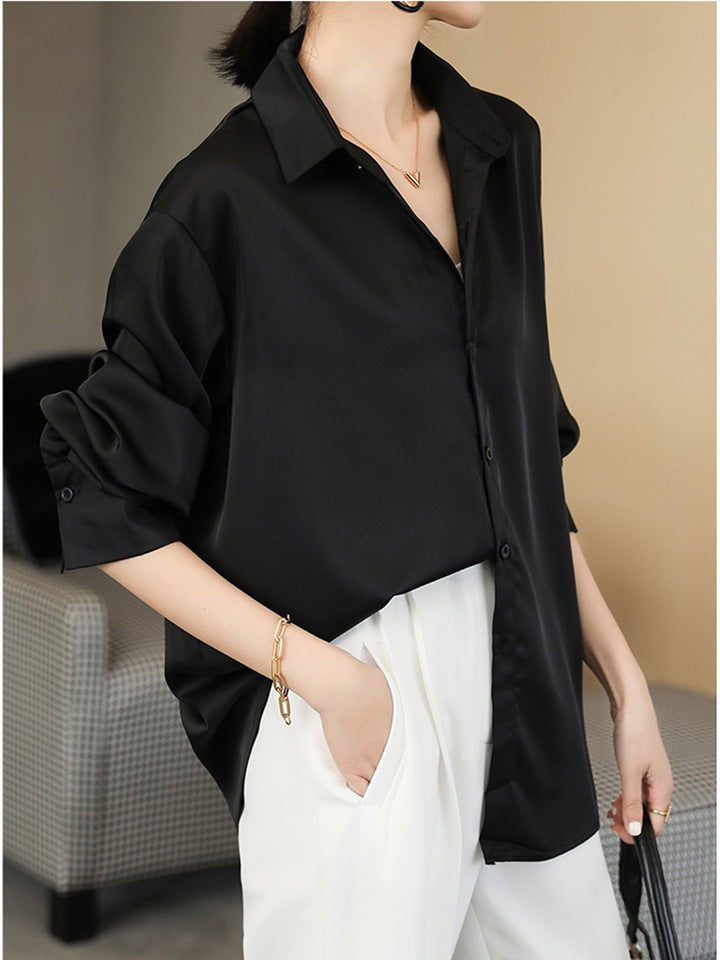 Black Acetate Satin Shirt Female Design Sense Retro Loose Shirt