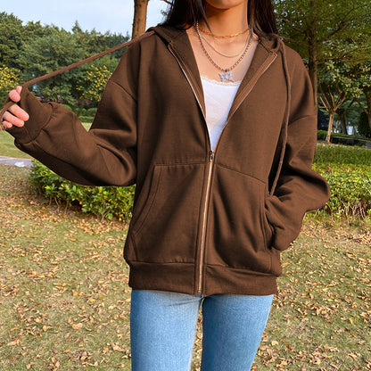 Eu Street Shooting Women'S Autumn And Winter Plus Velvet Simple Wind Brown Zipper Cardigan Jacket Female Wild Lazy Wind Hoodie