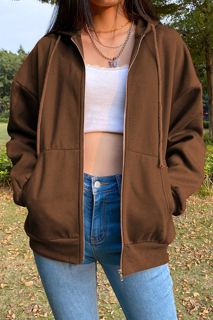 Eu Street Shooting Women'S Autumn And Winter Plus Velvet Simple Wind Brown Zipper Cardigan Jacket Female Wild Lazy Wind Hoodie