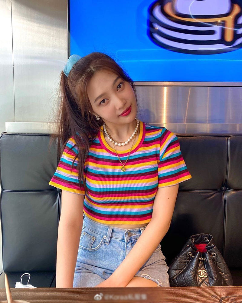 Navel Cropped Cropped Top Women Park Xiurong'S Same Slim-Fit Rainbow Striped Knitted Short-Sleeved T-Shirt