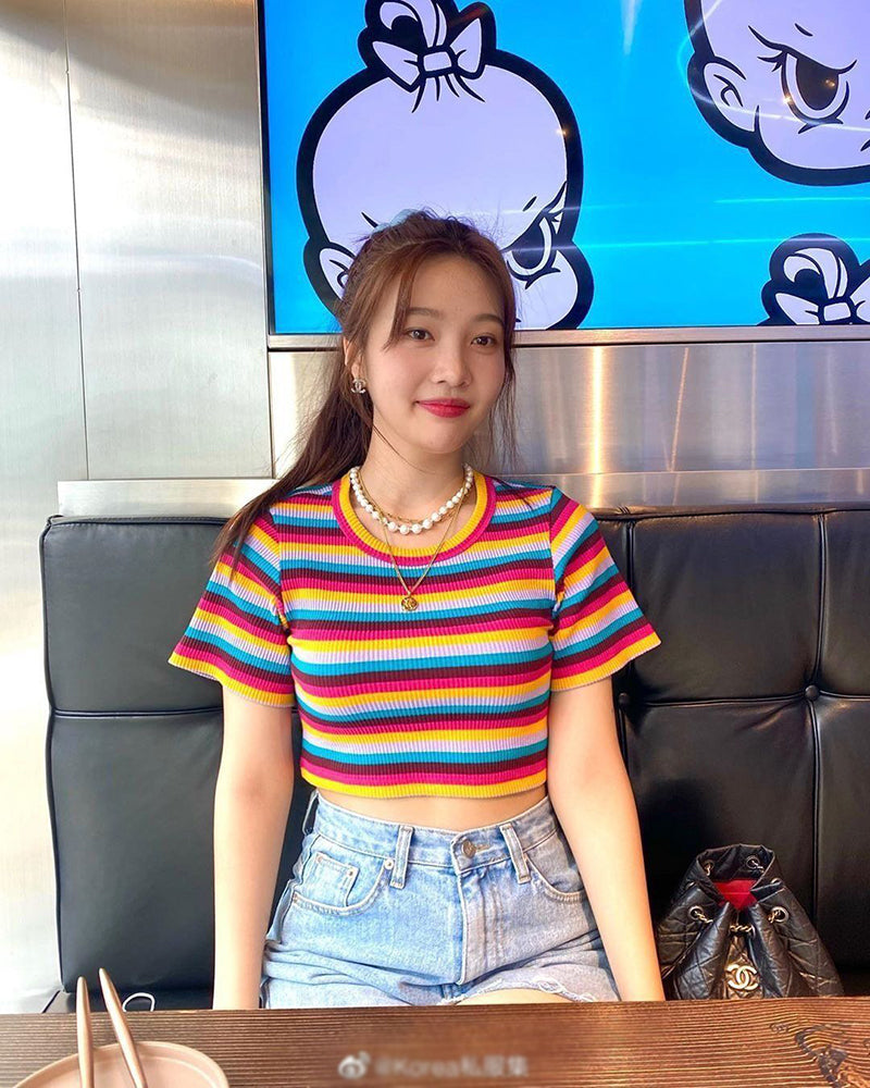 Navel Cropped Cropped Top Women Park Xiurong'S Same Slim-Fit Rainbow Striped Knitted Short-Sleeved T-Shirt