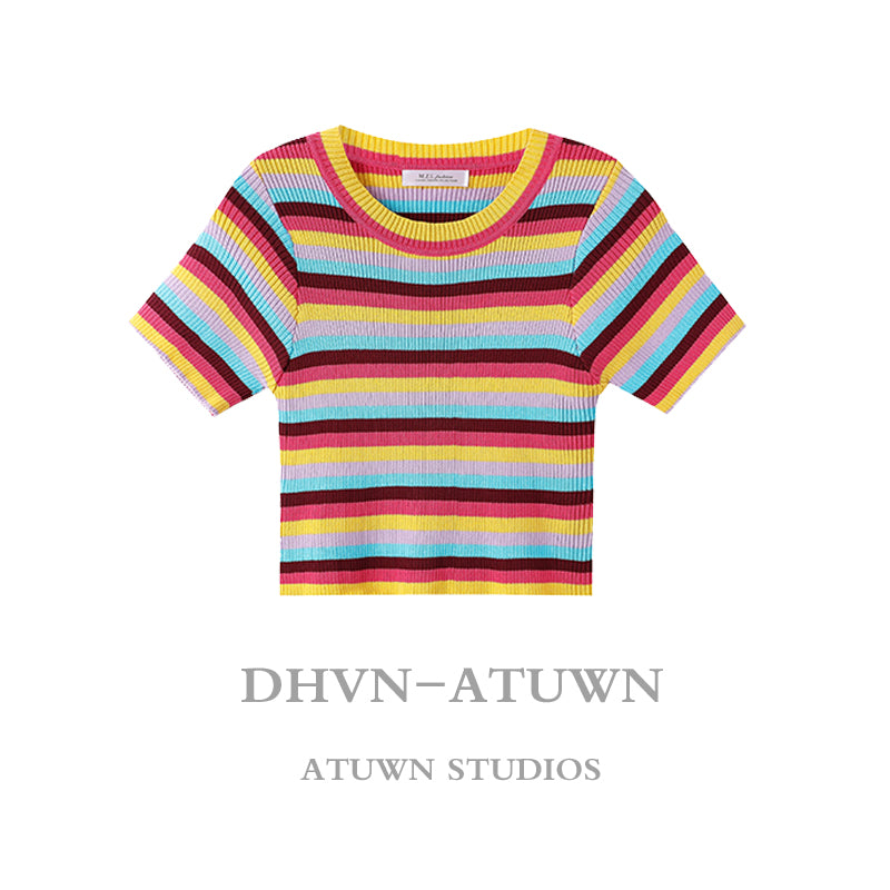 Navel Cropped Cropped Top Women Park Xiurong'S Same Slim-Fit Rainbow Striped Knitted Short-Sleeved T-Shirt