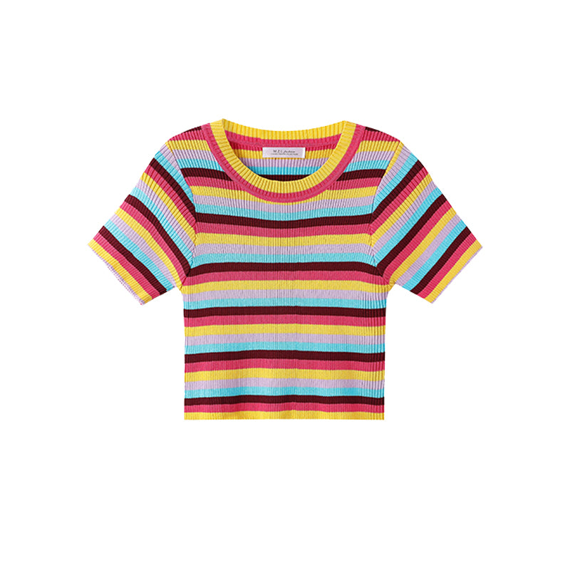 Navel Cropped Cropped Top Women Park Xiurong'S Same Slim-Fit Rainbow Striped Knitted Short-Sleeved T-Shirt