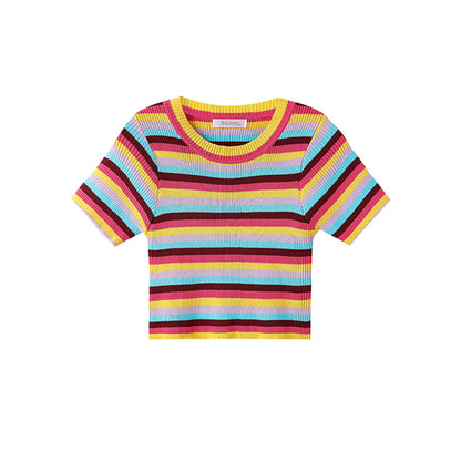 Top Corto Con Ombligo Mujer Park Xiurong'S Same Camiseta De Manga Corta De Punto A Rayas De Arco Iris Entallada