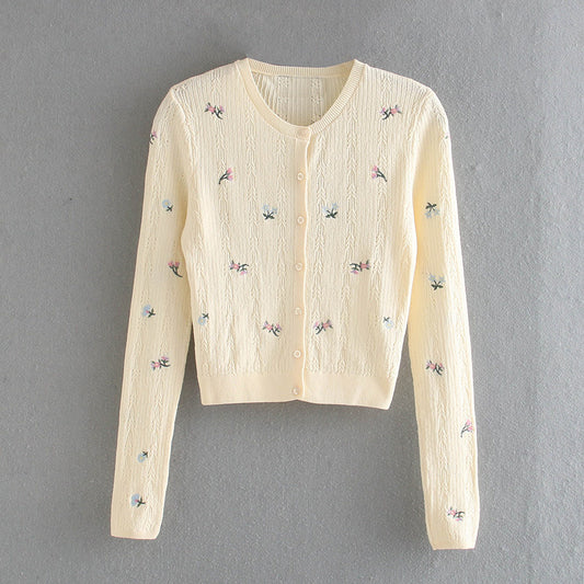 Cardigan Slim à manches longues avec broderie florale et manteau fin en maille anti-Sai