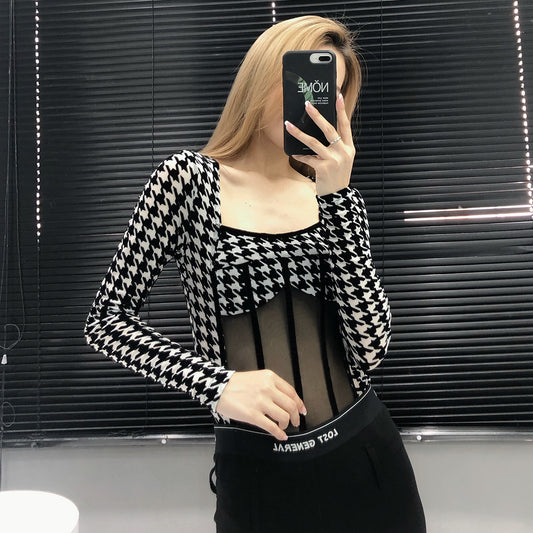 Houndstooth Stitching Fish Bone See-through Bodysuit T-shirt For Women