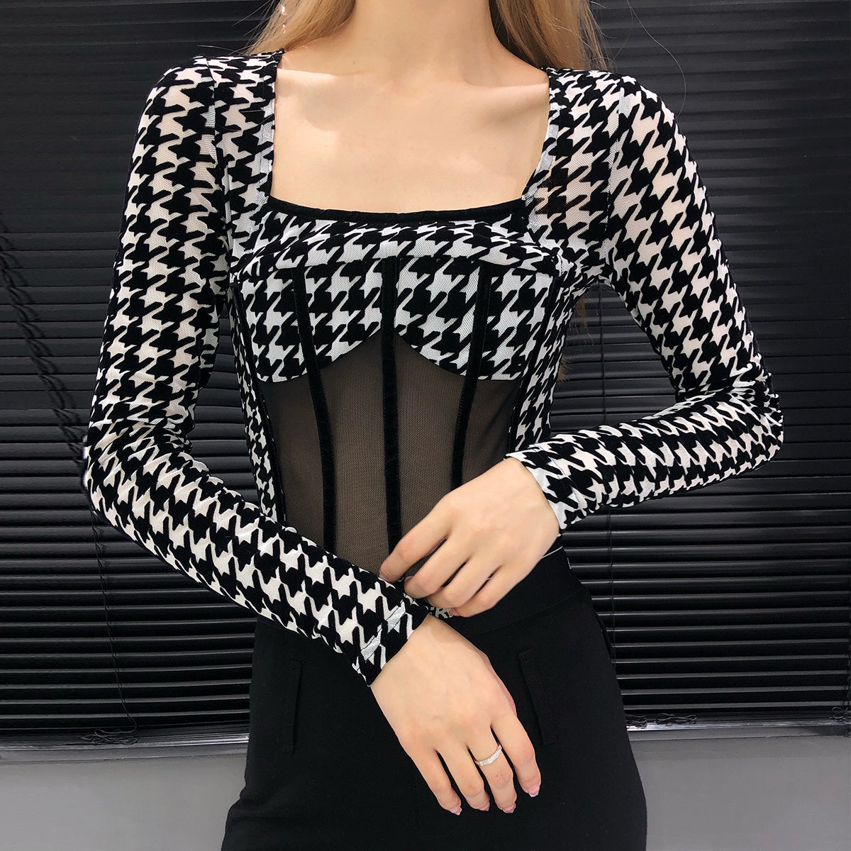 Houndstooth Stitching Fish Bone See-through Bodysuit T-shirt For Women