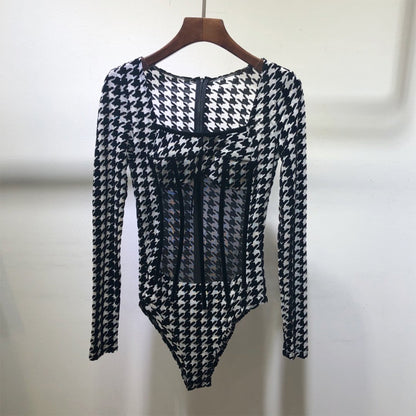 Houndstooth Stitching Fish Bone See-through Bodysuit T-shirt For Women